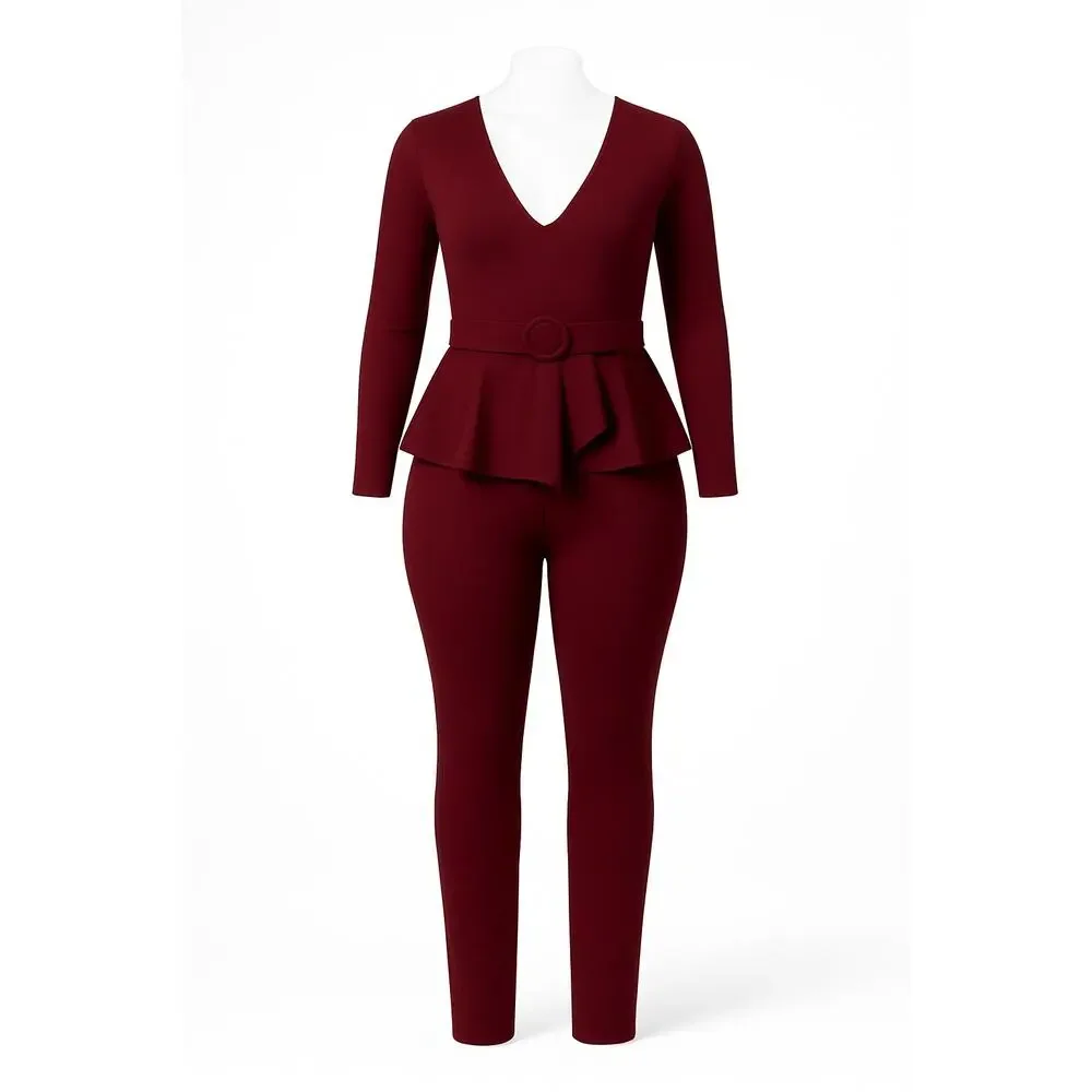 GIBIU Wine Burgundy Peplum Belted Jumpsuit – 1X (Junior Plus‎ 12–14)